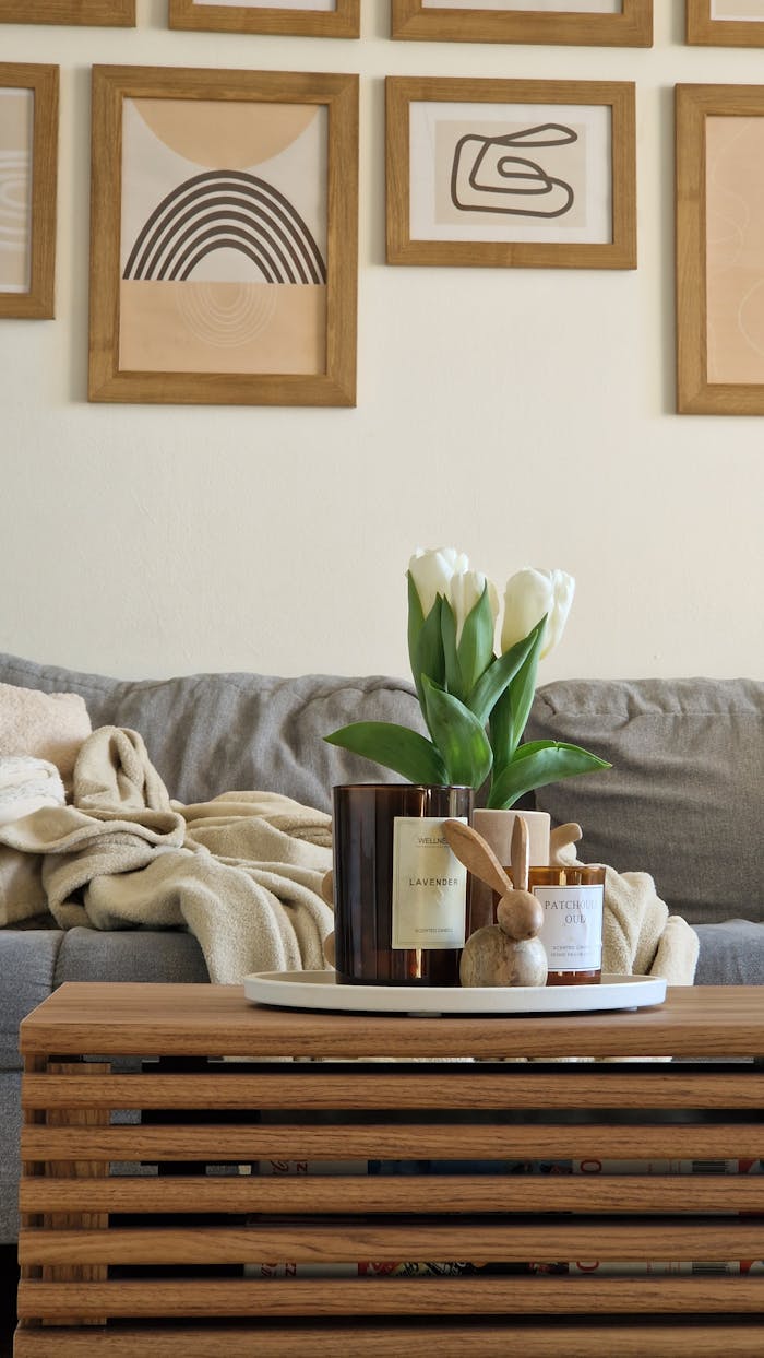 A stylish living room setup featuring tulip flowers in a modern vase, framed art, and a comfortable sofa.